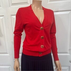 Tory Burch Women's Size Small Red Logo Button-Up Cardigan Ling Sleeve